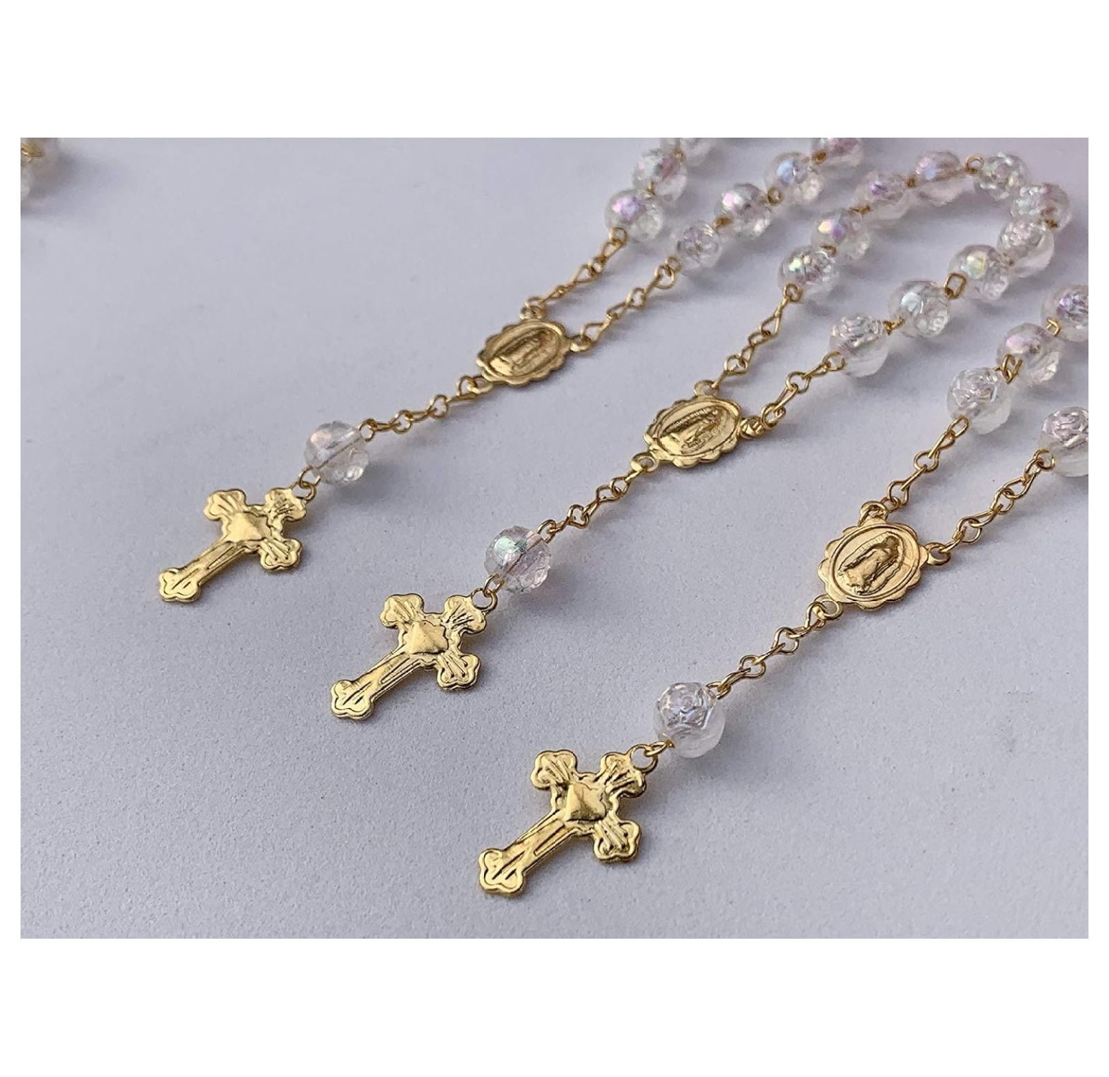 100 mini rosaries baptism favors wholesale Clear acrylic with AB finish/recuerdos para bautizo en color clar0 con terminado tornasol/Christening Favors/communion favors