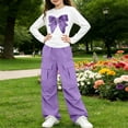 thumbnail image 7 of Girls Fall Outfits Set Casual Lightweight Long Sleeve Cute Graphic T Shirts and Cargo Pants Kids Clothes Purple 8, 7 of 7