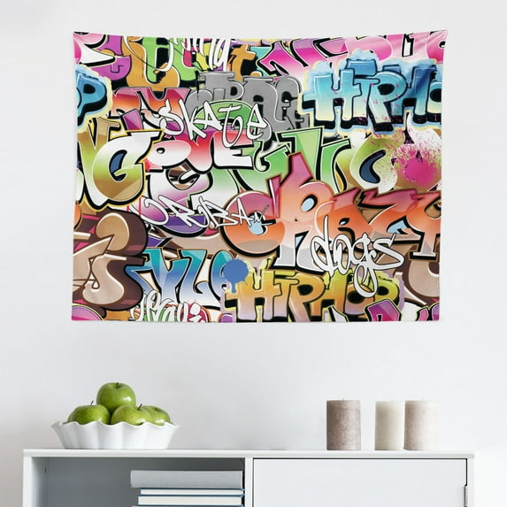Urban Graffiti Tapestry, Throwie Style Wall Graffiti of Bubble Letters Partially Overlapping Words, Fabric Wall Hanging Decor for Bedroom Living Room Dorm, 2 Sizes, Multicolor, by Ambesonne