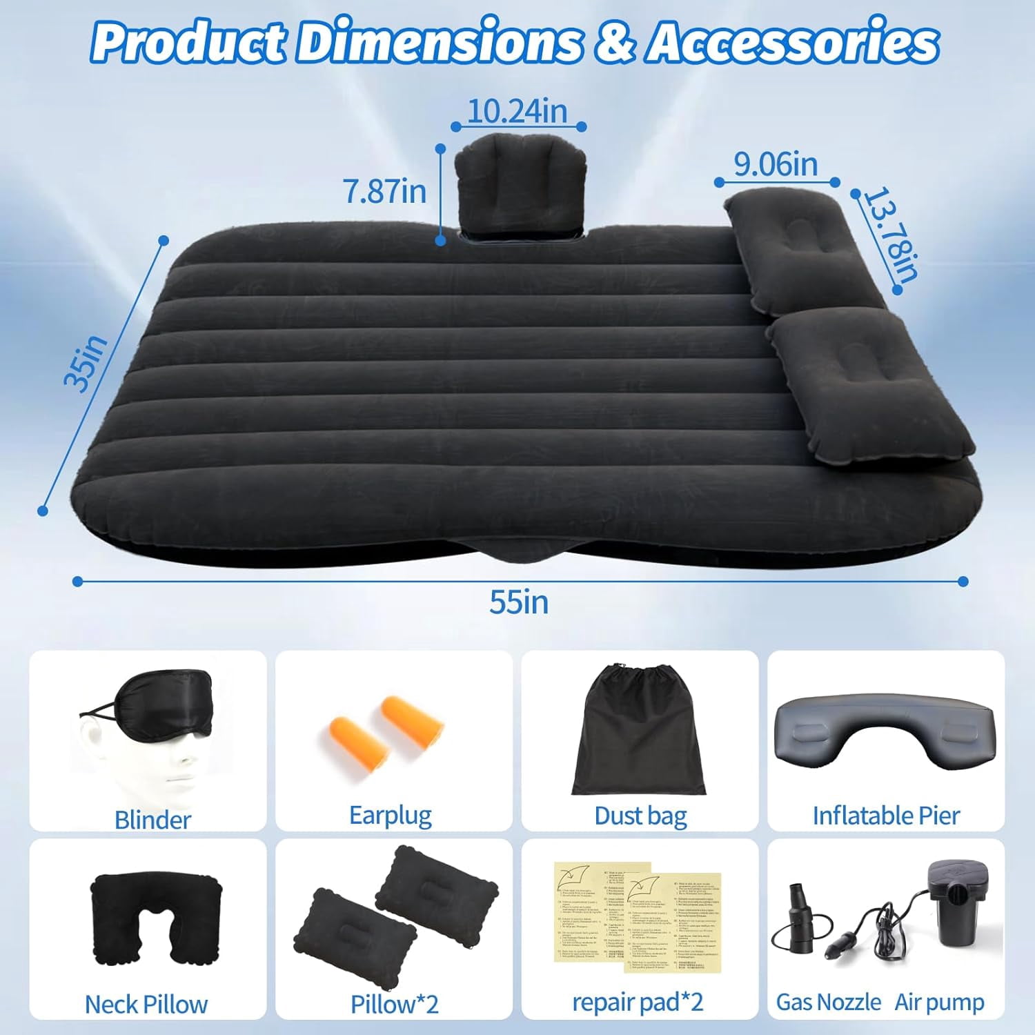 Portable Inflatable Car Air Mattress for Back Seat 55x35 Inch Thickened Travel Camping Sleeping Blow Up Bed with Pump Universal SUV