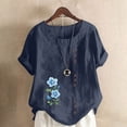 thumbnail image 1 of Staron Liquidation Chemises d'Été pour Femmes Manches Courtes Retroussables Chemises Tendance Grande Taille Coton Lin Ample Imprimé Floral Hauts Tunique Décontractée d'Été Col Rond T-Shirts, 1 of 4