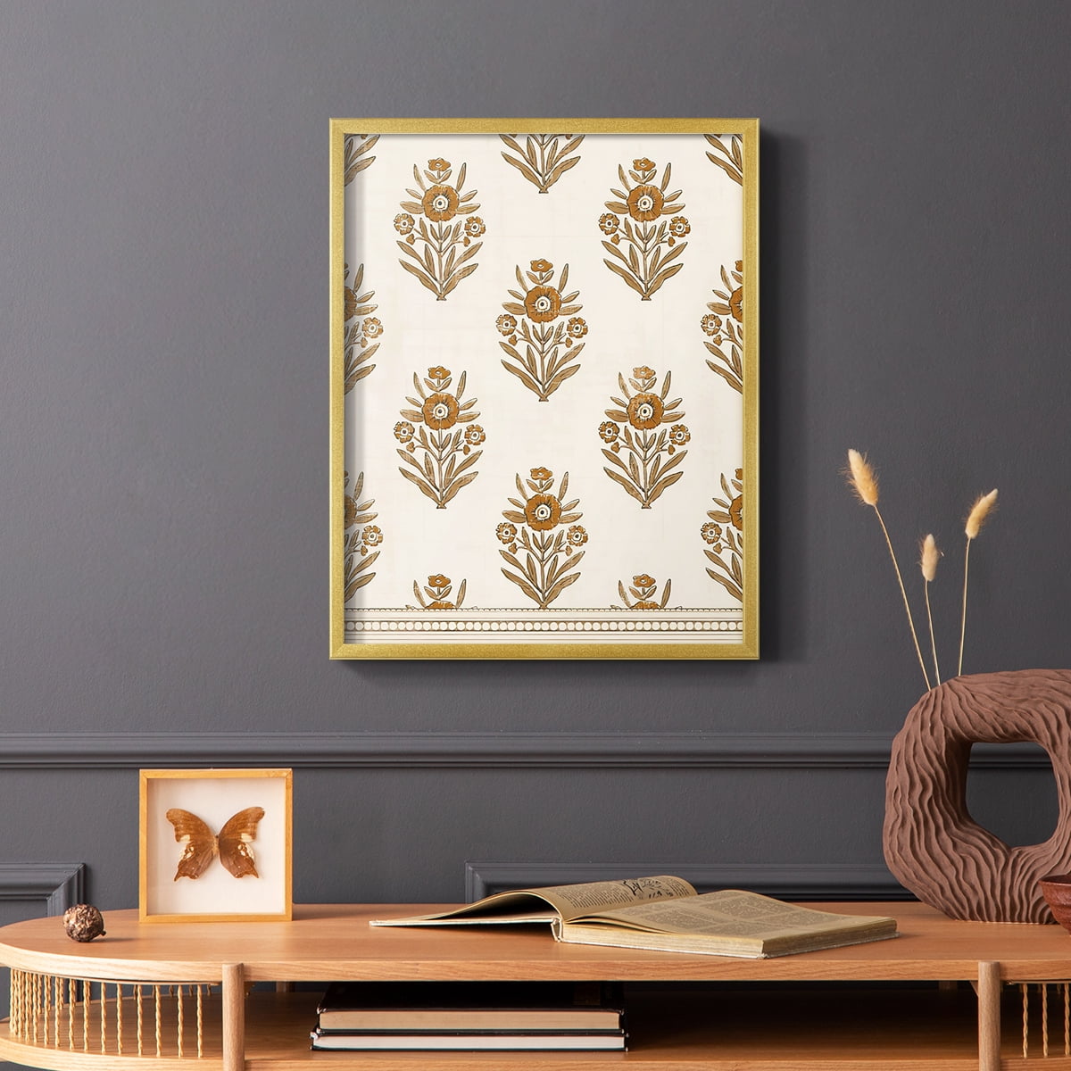 Block Print Blooms II Framed Print in Gold Solid Wood Framed Print No Nail Hanging