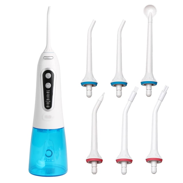 Graflsoa Hydropulseur Rechargeable avec Réservoir de 300ml, 5 Modes de Nettoyage, Étanche IPX7, 6 Buses, Chargement USB, Blanc & Bleu (Batterie Intégrée) WF203