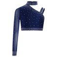 thumbnail image 3 of Manyakai Kids Girls Shiny Rhinestone Jazz Latin Modern Lyrical Dance Crop Tops Irregular Shoulder Navy Blue 8, 3 of 7