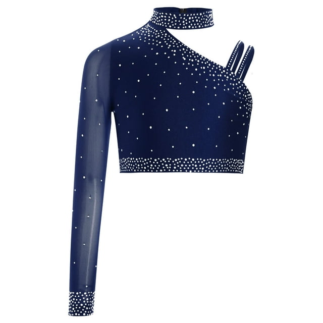 inlzdz Kids Girls Rhinestones Dance Crop Tops Unique Irregular Shoulder Blouse Jazz Ballet Dance Navy Blue 6