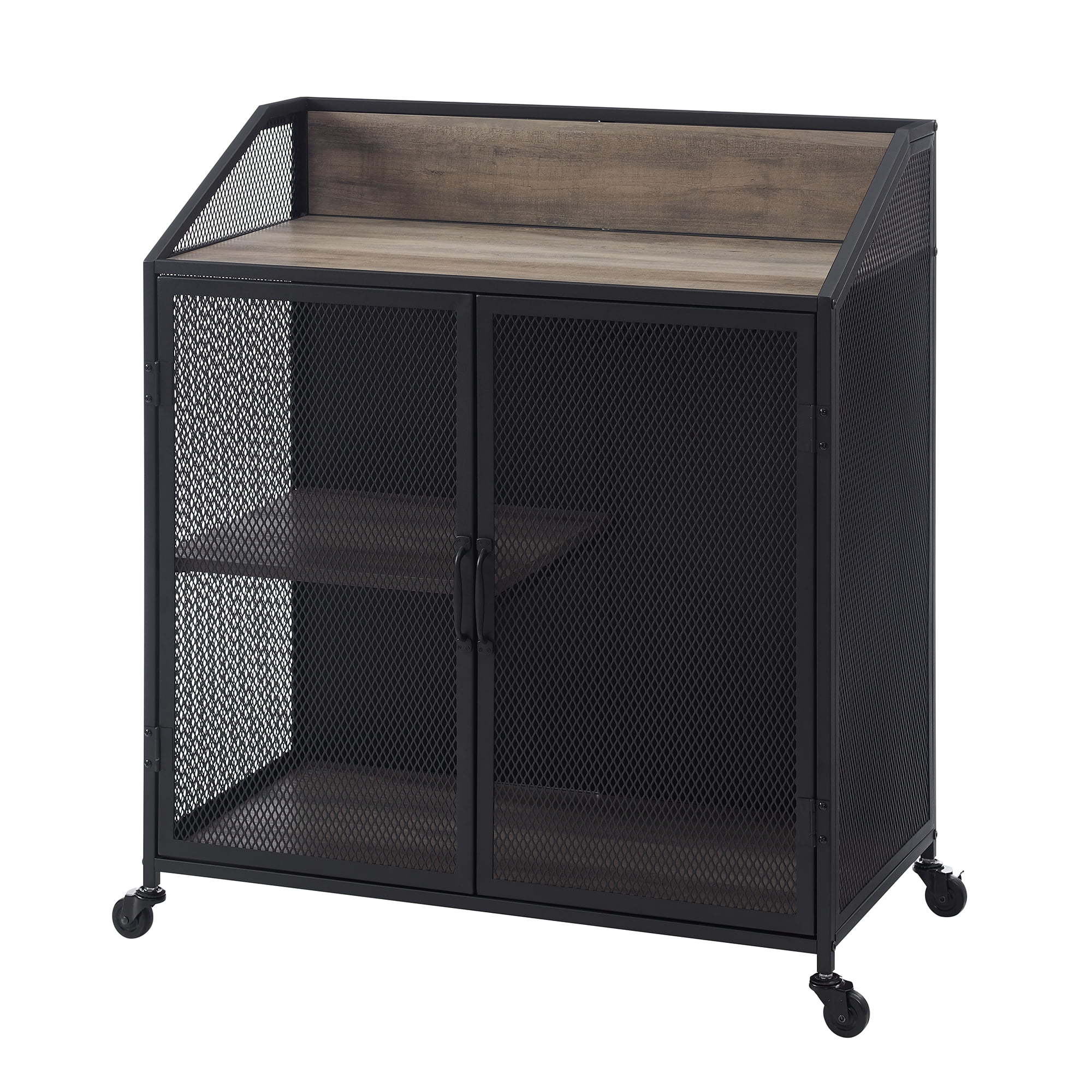 Walker Edison Industrial Bar Cabinet with Wheels, Grey Wash