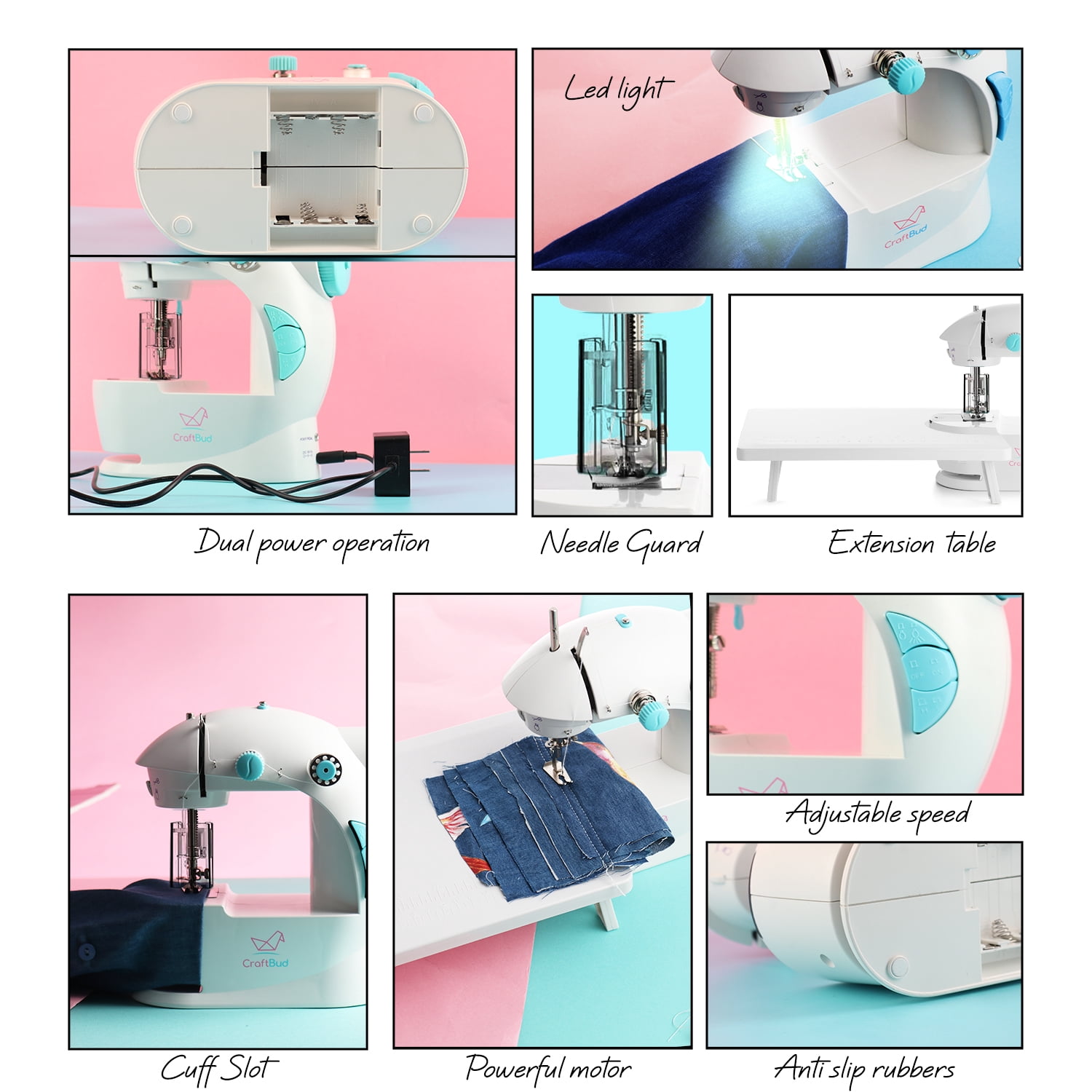 Virtu 48 PC Mini Portable Sewing Machine for Beginner, Kids Sewing Machine and Adults with Craft Supplies, Baby Blue