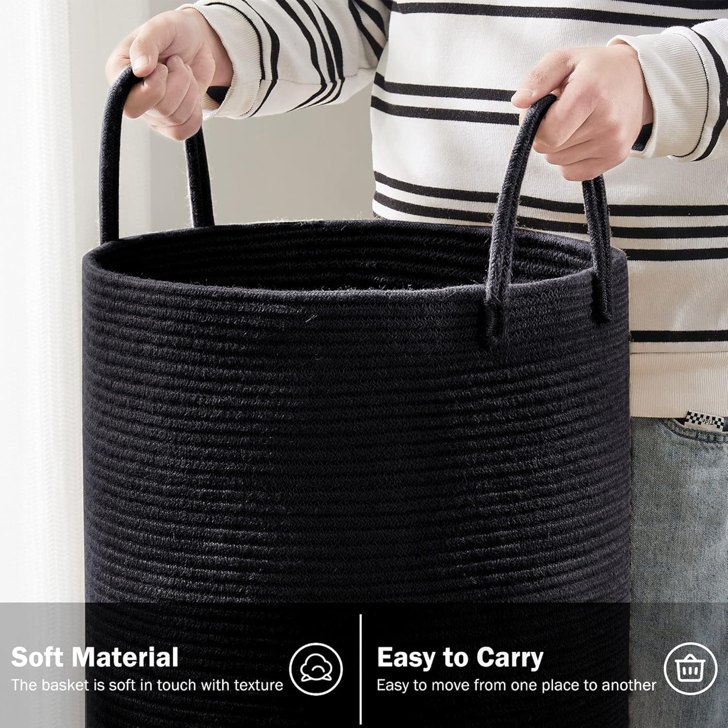 YOUDENOVA Laundry Hamper Basket, Woven 58L Tall Laundry Basket for Blanket Organizer- Nursery Hamper for Bedroom And Bathroom Storage