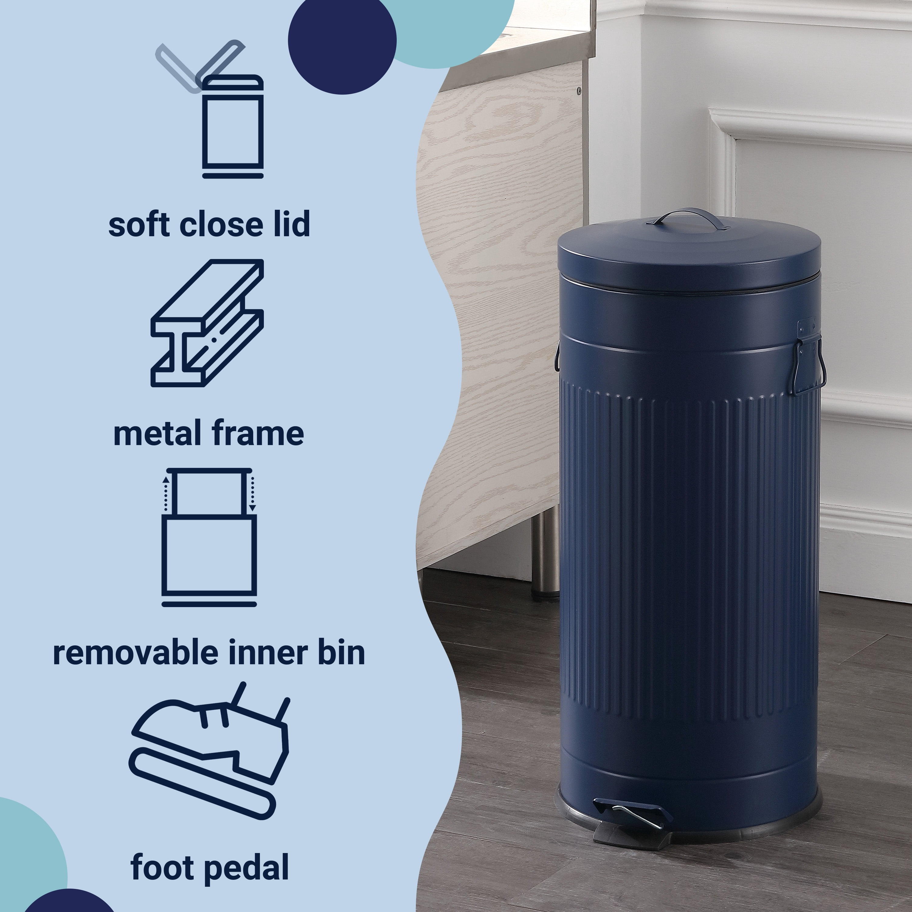 happimess Theo Retro 8-Gallon Step Trash Can with Soft-Close Lid and FREE Mini Trash Can, Denim Blue, HPM1018D