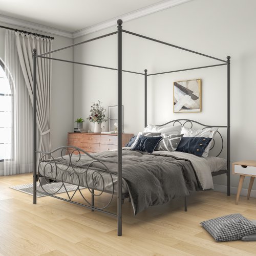 Canopy Queen Bed Frame Platform Metal Bed Frame Heavy Duty Steel Slat