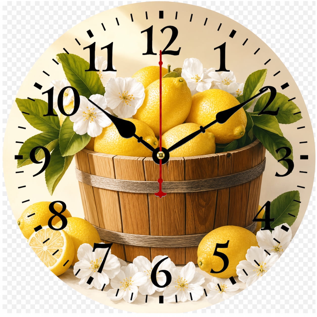 9.84 Inch Lemon Wall Clock, Farmhouse Kitchen Wall Clock with Floral Fruit Design, Round Decorative Wall Clock for Living Room Bedroom Dining Room Home Decor