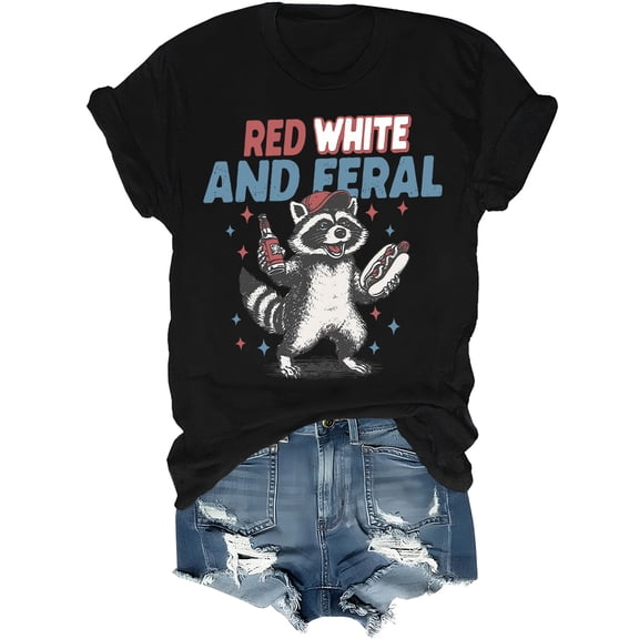 Red White And Feral Shirt 4th Of July Shirts For Women Man Raccoon Independence Day Tshirt