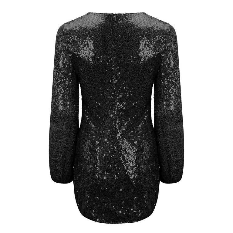 black sparkly dress with sleeves Wrap Body Long Sleeve Sequin Dress with Belt – Urban Touch