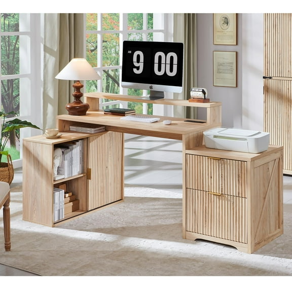 67" Modern L Shaped Desk with Storage Cabinet & Drawers, Wood Home Office Desk with Power Outlets, Fluted Computer Writing Desk, Natural Oak