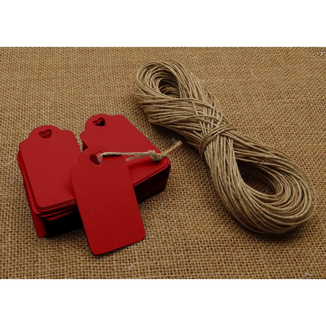 100 Pcs Heart Punched Rectangular Hang Tag Wedding Favor Blank Tags with Free Natural Jute Twine - Colours Available