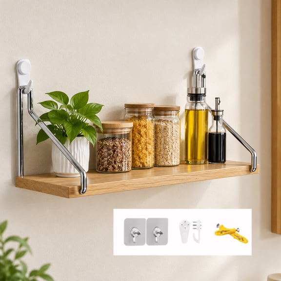 Plumilo 11.8 Inch Small Floating Shelf for Wall Wood Wall Mounted with Adhesive Hooks Bathroom Bedroom Living