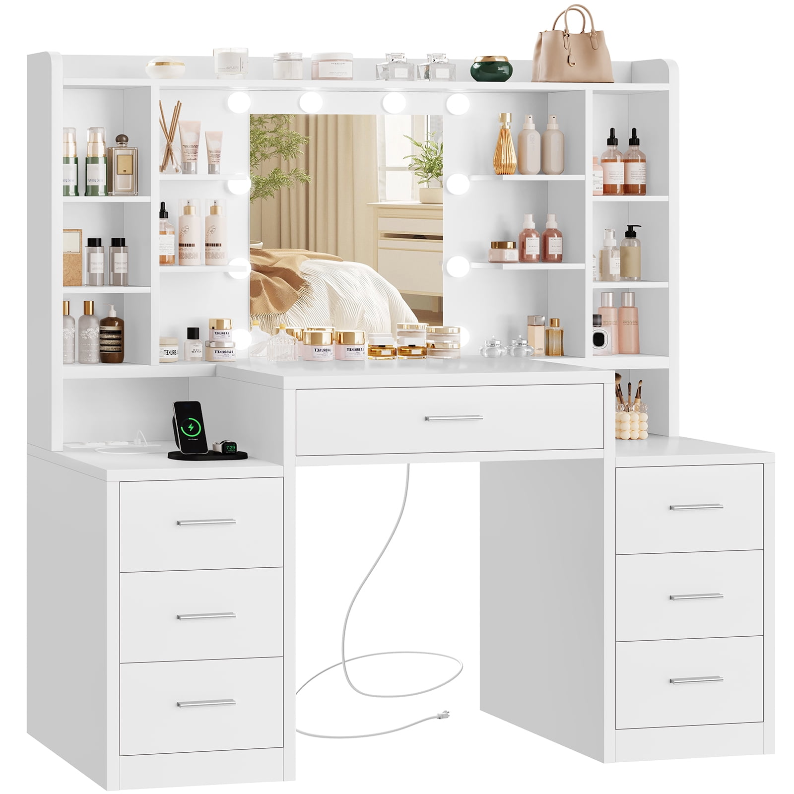 TEENFON 47.2”Vanity Set with Mirror & Lights, Makeup Vanity Desk with 7 Drawers and 8 storage shelves, Vanity Table with Power Outlet, For Bedroom, White