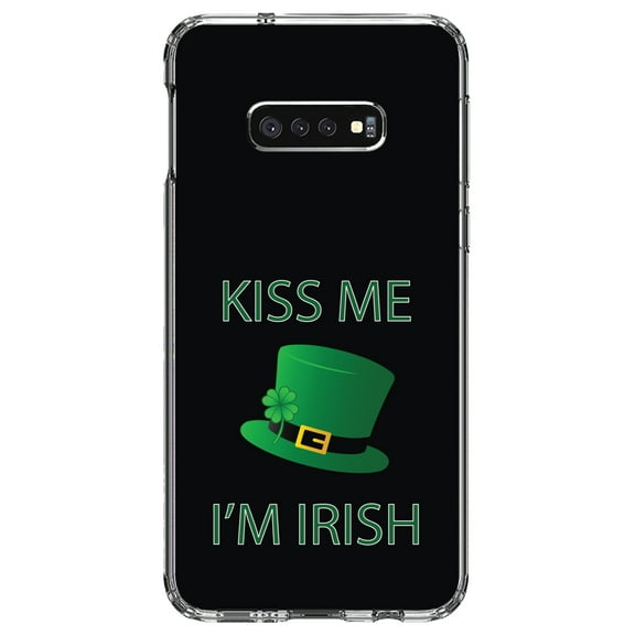 DistinctInk Clear Shockproof Hybrid Case for Samsung Galaxy S10e (5.8" Screen) - TPU Bumper, Acrylic Back, Tempered Glass Screen Protector - Black Green Kiss Me I'm Irish