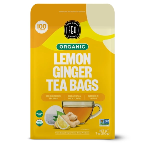 FGO Lemon Ginger Tea, Organic, Eco-Conscious Tea Bags (100 Count)