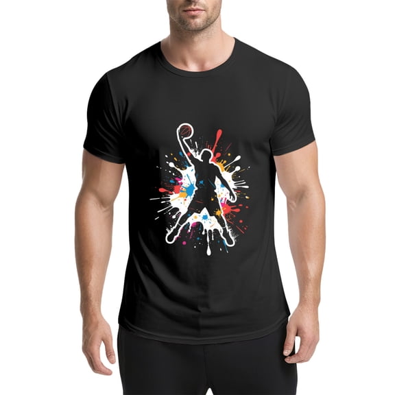 Black T Shirts for Men, Basketball Player,Silhouette,Splash Paint,Action,Graphic Mens Graphic Tees, 25060571,S