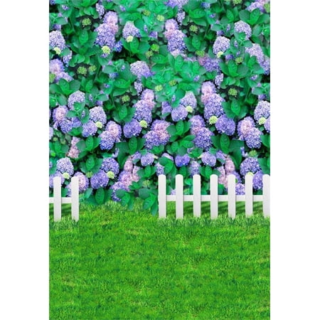Image of MOHome 5x7ft Backdrop Photography Lavender Color Flowers Green Vine Leaves Grassland Lawn White Fence Scene Background for Photo Studio Props