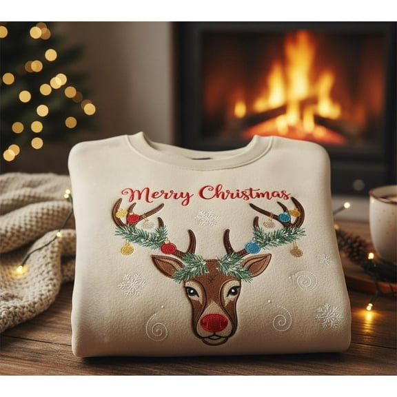 Merry Christmas Reindeer Embroidered Sweatshirt, Festive Holiday Crewneck, Cozy Winter Gift for Her & Him