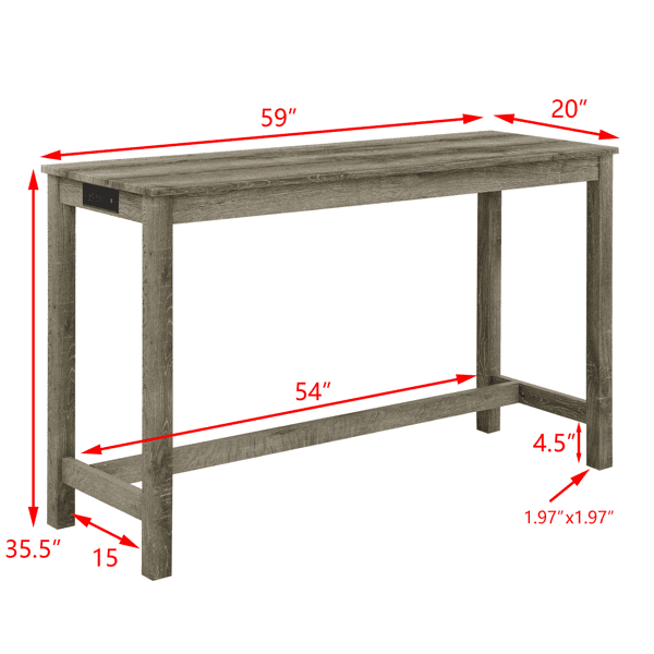 59 Inch Bar Table, Dining Table, Sofa Table with Power Outlet, 3 Upholstered Stools, 4 Piece Bar Table and Chair Set for Living Room, Dining Room, Kitchen
