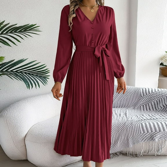 WJHWSX Womens Fall Dresses,Casual Dresses for Women,Fall Dresses for Women 2025,Long Sleeve,V Neck,Breathable,Solid,XL(US:10)