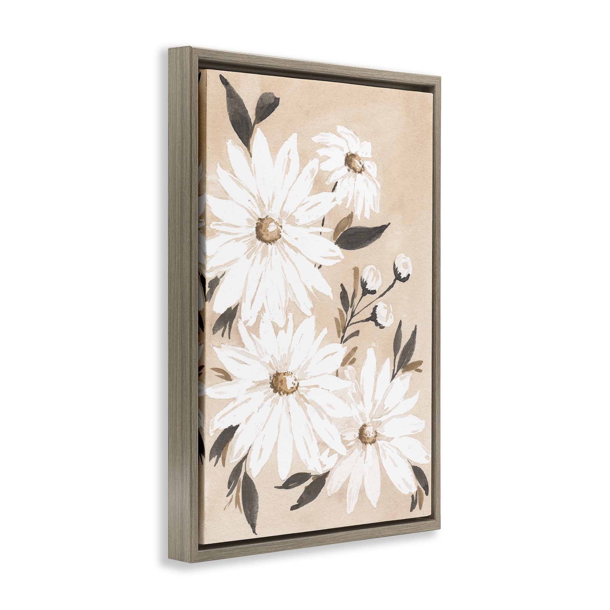 Stupell Industries Muted Neutral Daisies Botanical & Floral Painting Brown Floater Framed Art Print Wall Art, 17 x 25