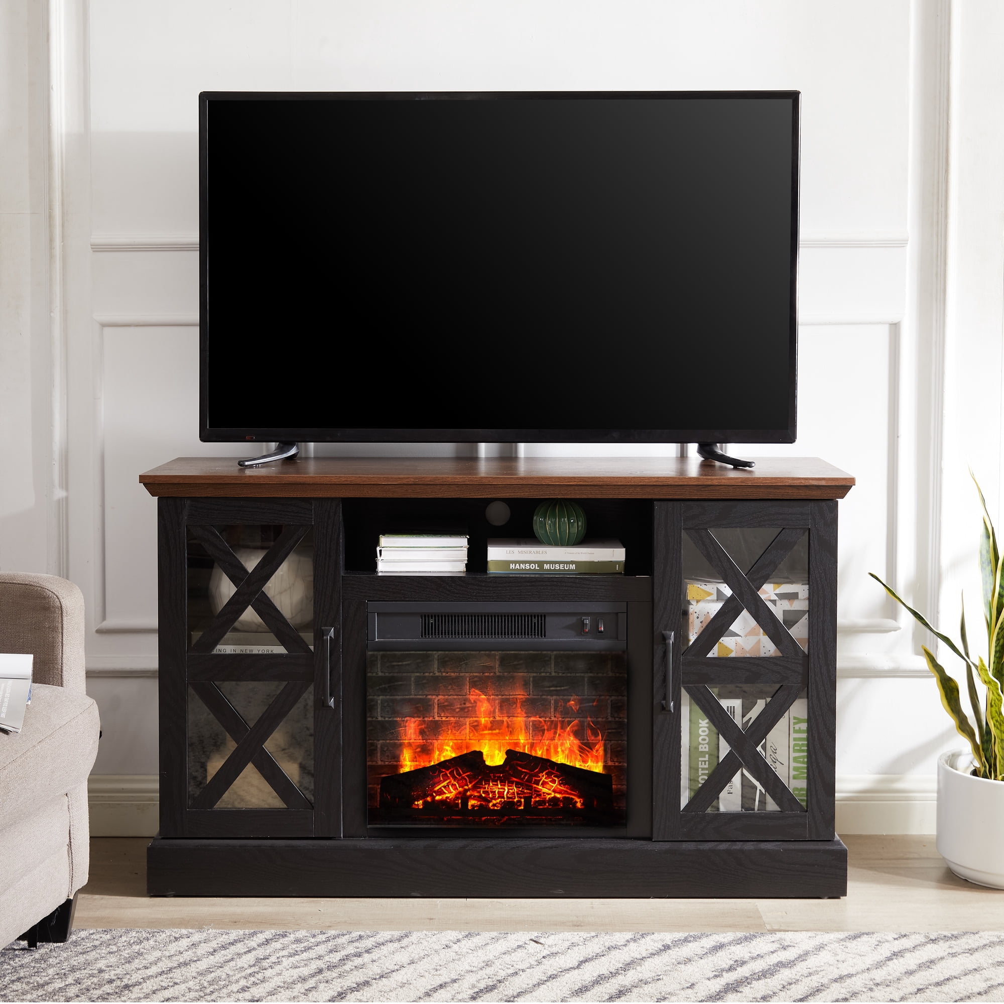 Mainstays Farmhouse Fireplace TV Stand for TVs up to 55 in, Black/Walnut