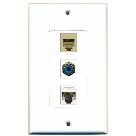 RiteAV - 1 Port RCA Blue and 1 Port Phone RJ11 RJ12 Beige and 1 Port Cat5e Ethernet White Decorative Wall Plate Decorative