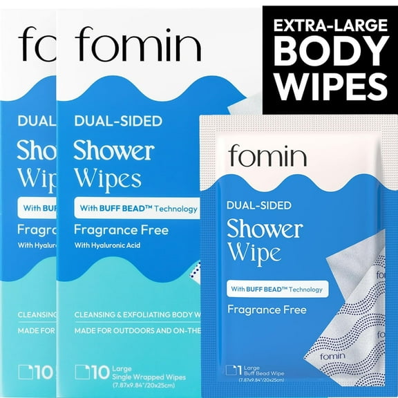 FOMIN Travel Shower Wipes - 20 Pack Individually Wrapped - No Rinse XL Bathing Wipes with Vitamin E - Fragrance-Free Full Body Wipes for Adults - Waterless Bath Wipes for Hygiene, Camping, & Gym