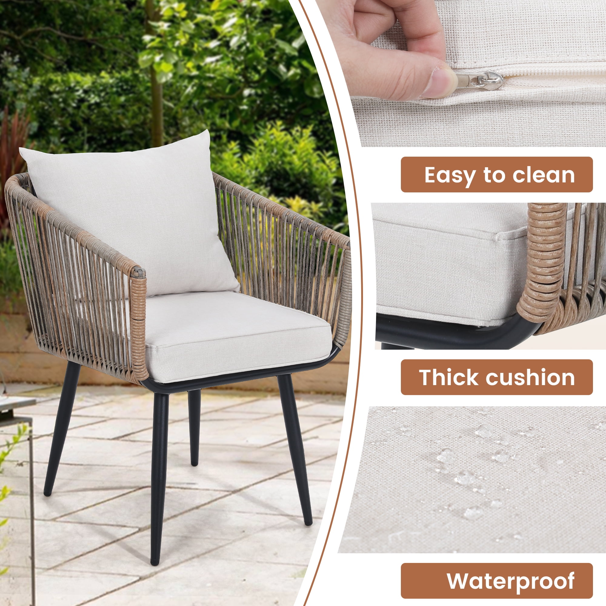 LOGYAT 3 Piece Patio Rattan Bistro Conversation Set, Outdoor All Weather Wicker Furniture Chair Set with Glass Tabletop for Balcony, Porch and Backyard, Beige