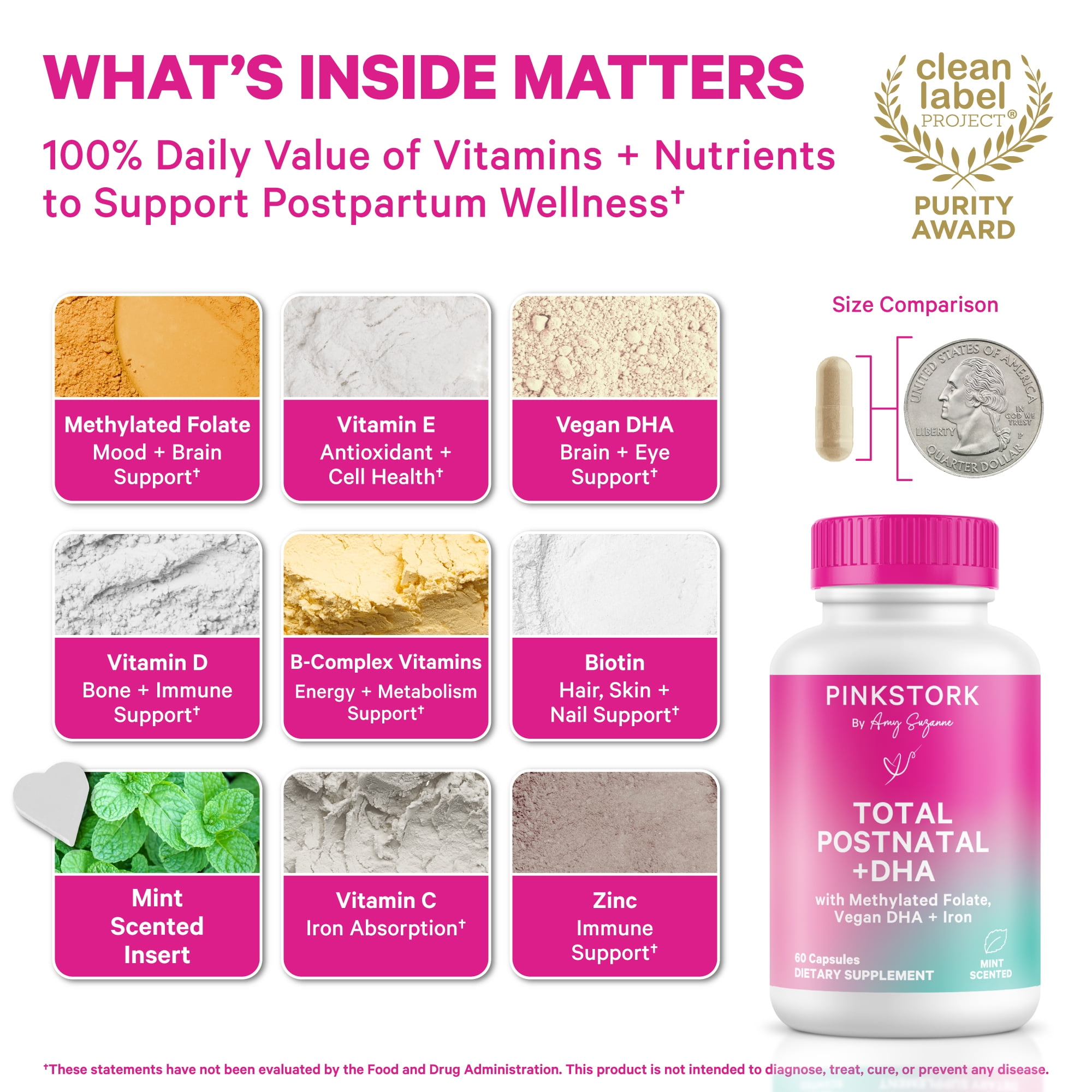 Pink Stork Postnatal Multivitamin for Breastfeeding Moms, 60ct - Vegan DHA, Iron, Folate, and Vitamin B12