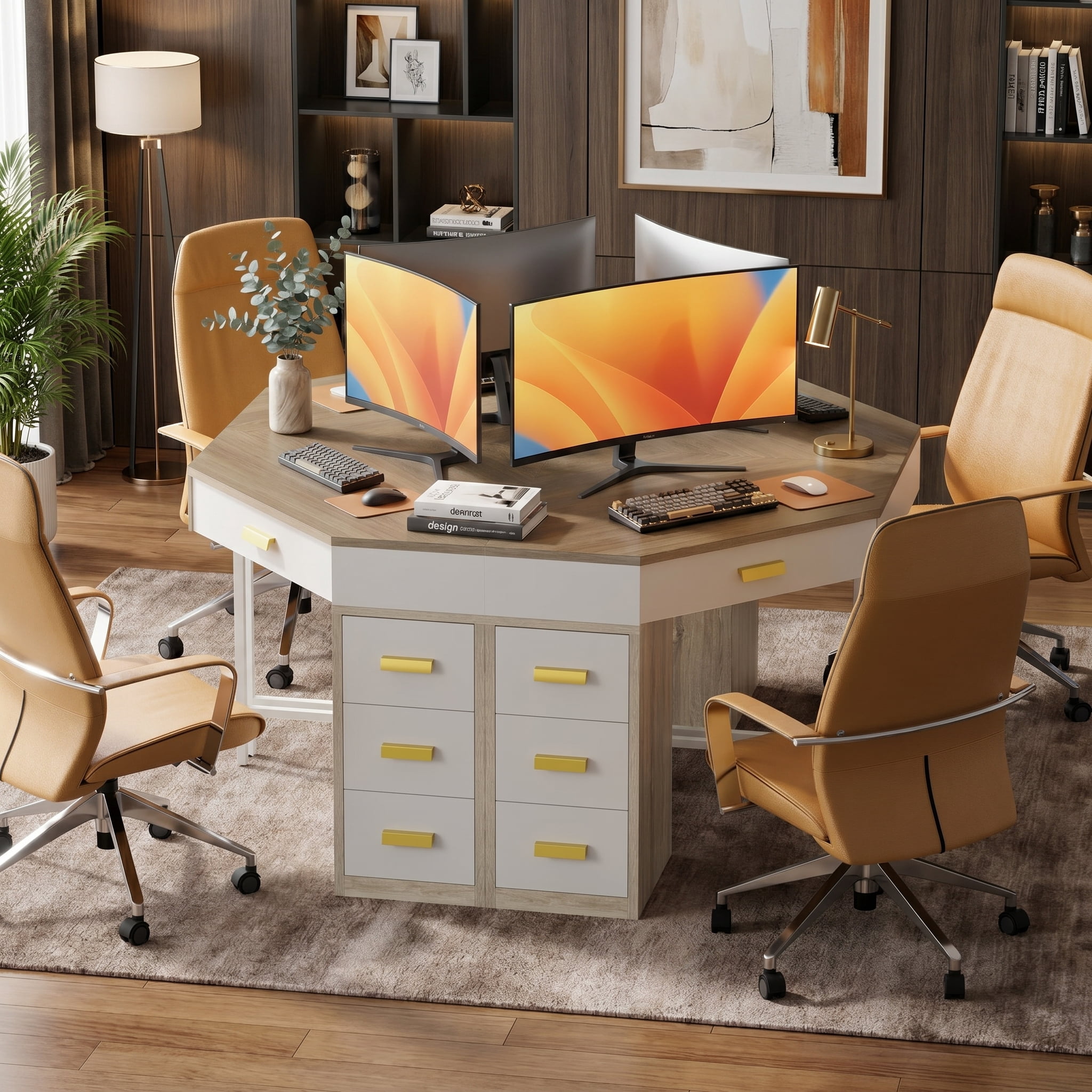 Fnova Corner Desk for Small Space, Triangle Computer Desk with 3 Drawers, 90-Degree Makeup Vanity Desk for Home Office, Bedroom (Grey+White)