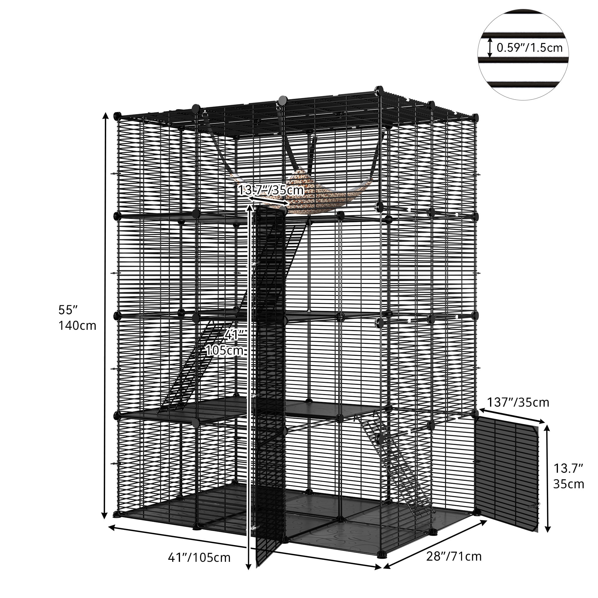 Dextrus Cat Cage Indoor Large with Hammock 4 Tier Outdoor Cat Enclosure Catio Metal Kennels for 1-3 Cats, DIY Detachable Pet Playpen, Black