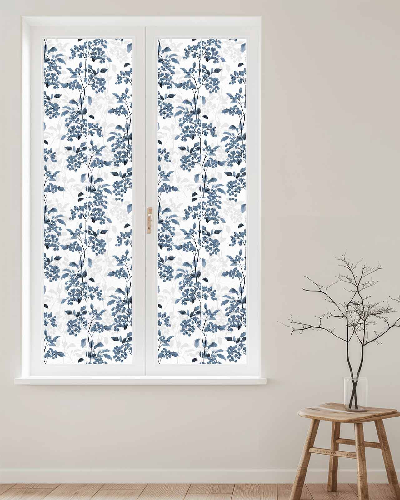 Window Privacy Film Blue Botanical Stained Glass Window Film Decorative Sun Block Window Cover Vintage Nature Flower Floral Window Clings Static Adhesive Sticker for Bathroom 29.5"x118"