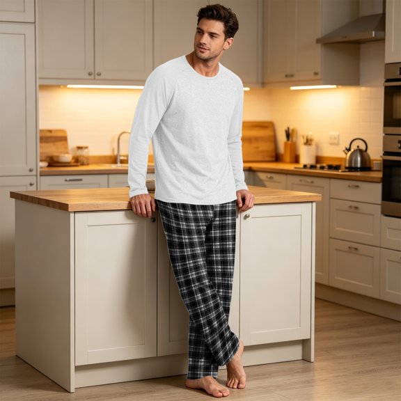 VV AVEORS Christmas Pajamas For Men Cotton Plaid Pajama Set Long Sleeve Pj Set Comfy Sleepewear Crew Neck Pajama With Pants Black L