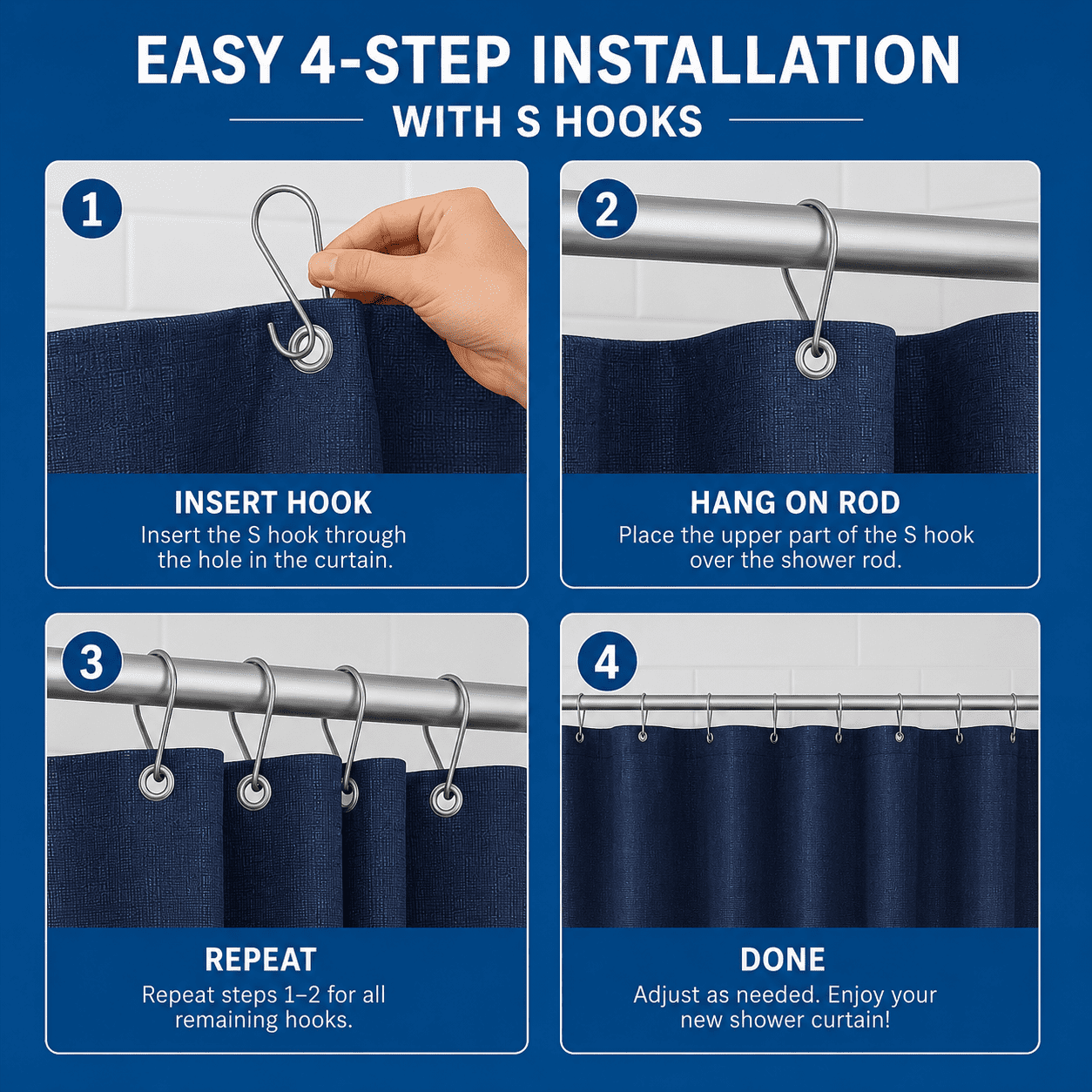 Mainstays 15-Piece Navy Checkered Bathroom Set – Textured Shower Curtain, Bath Rugs & Hooks, Washable Fabric