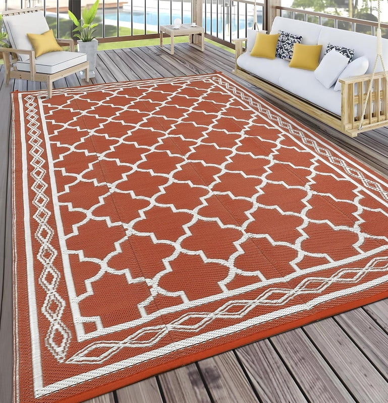 Towallmark 9x12 Outdoor Rug Waterproof, Reversible Plastic Straw Patio Mat with Carry Bag, Portable Camping Rugs for RV Backyard Deck, Easy Cleaning Outside Carpet for Picnic, Orange