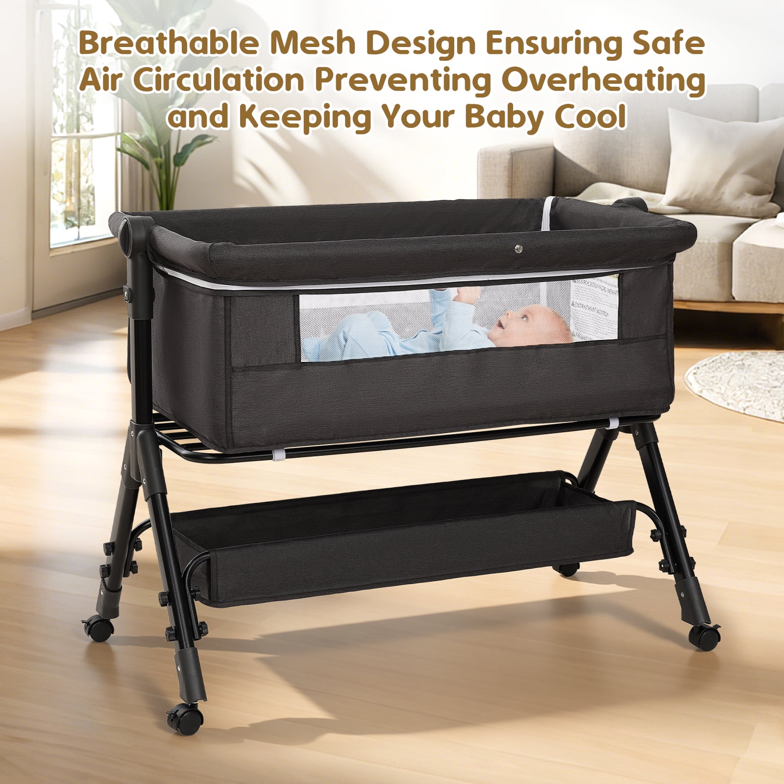 Infant Bassinet Sleeper,Single-sided Detachable 3 Adjustable-Height Bedside Beds Foldable Baby Crib,for 0-18 Months-Dark Gray