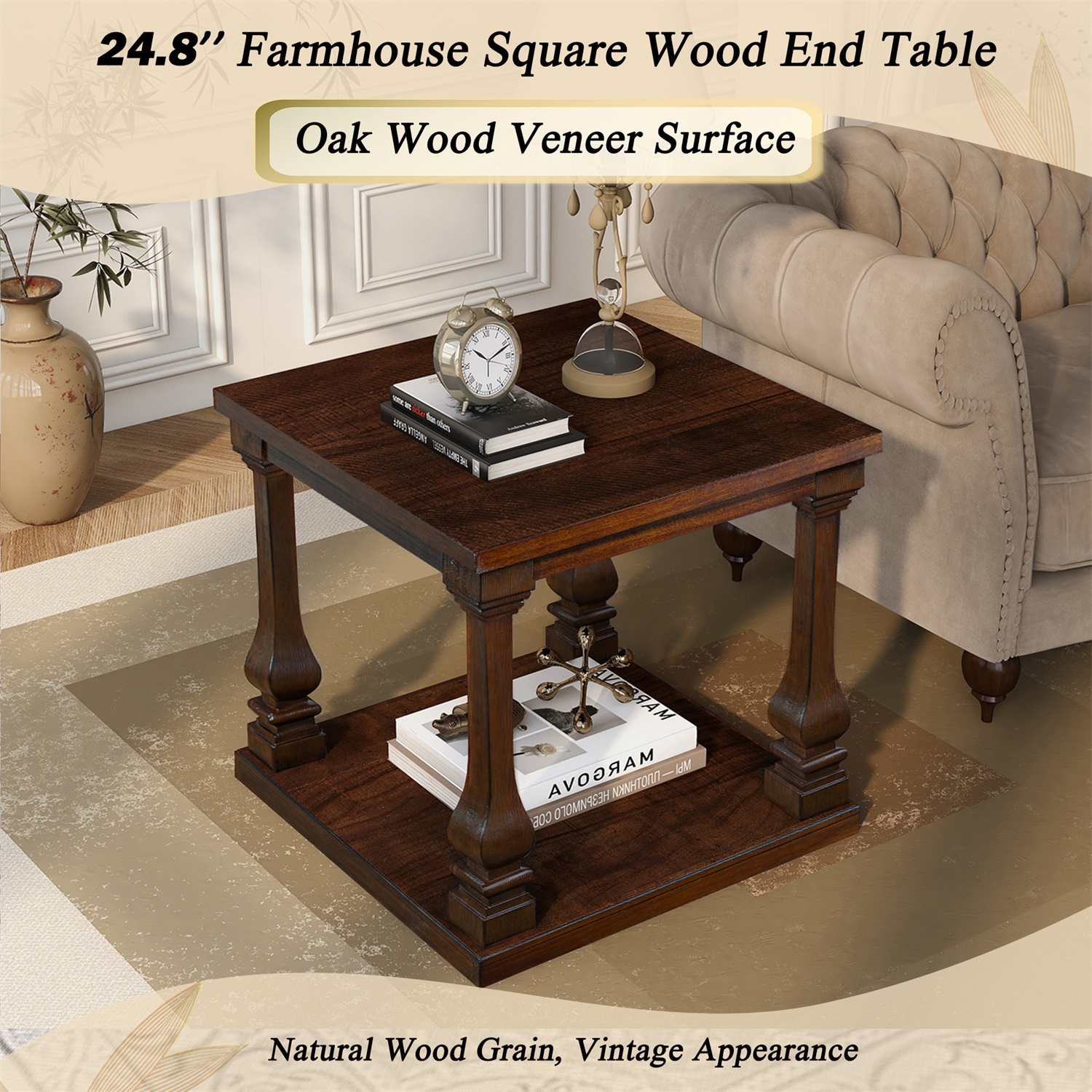Hommoo 24.8" Farmhouse Wood End Table with Storage Shelf, Vintage 2-Tier Square Nightstand for Living Room, Bedroom & Entryway, Walnut