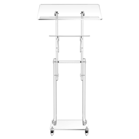 KFFKFF Adjustable Acrylic Podium Stand with Tilt and Storage Shelf, Portable Presentation Desk for Schools, Churches, and Events, Height Range 43-46 inches, Clear Design