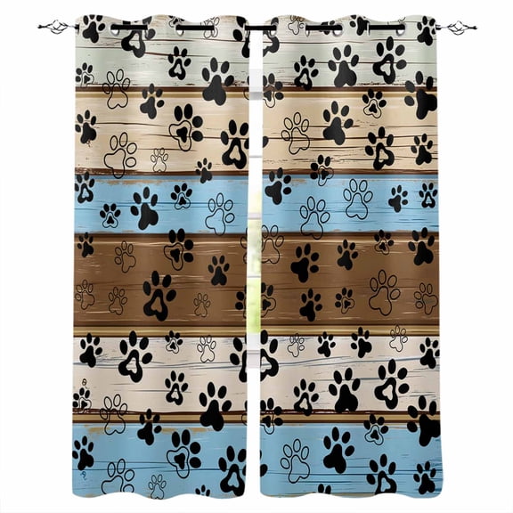 Blue Brown Paw Prints Blackout Curtains for Bedroom Living Room Darkening Curtains 63 Inches Long Vintage Farmhouse Country Wood Grain Window Curtain 2 Panels Set Window Treatment Drapes 42"x63"