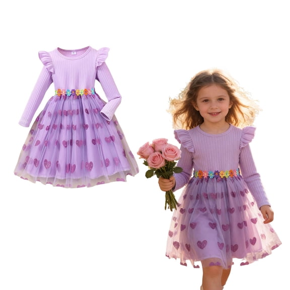 Valentines Dress for Girls Long Sleeve Tutu Dress Girls Ruffle Tulle Dresses Valentines Day Outfit Girl Clothes Size 4-5 Years