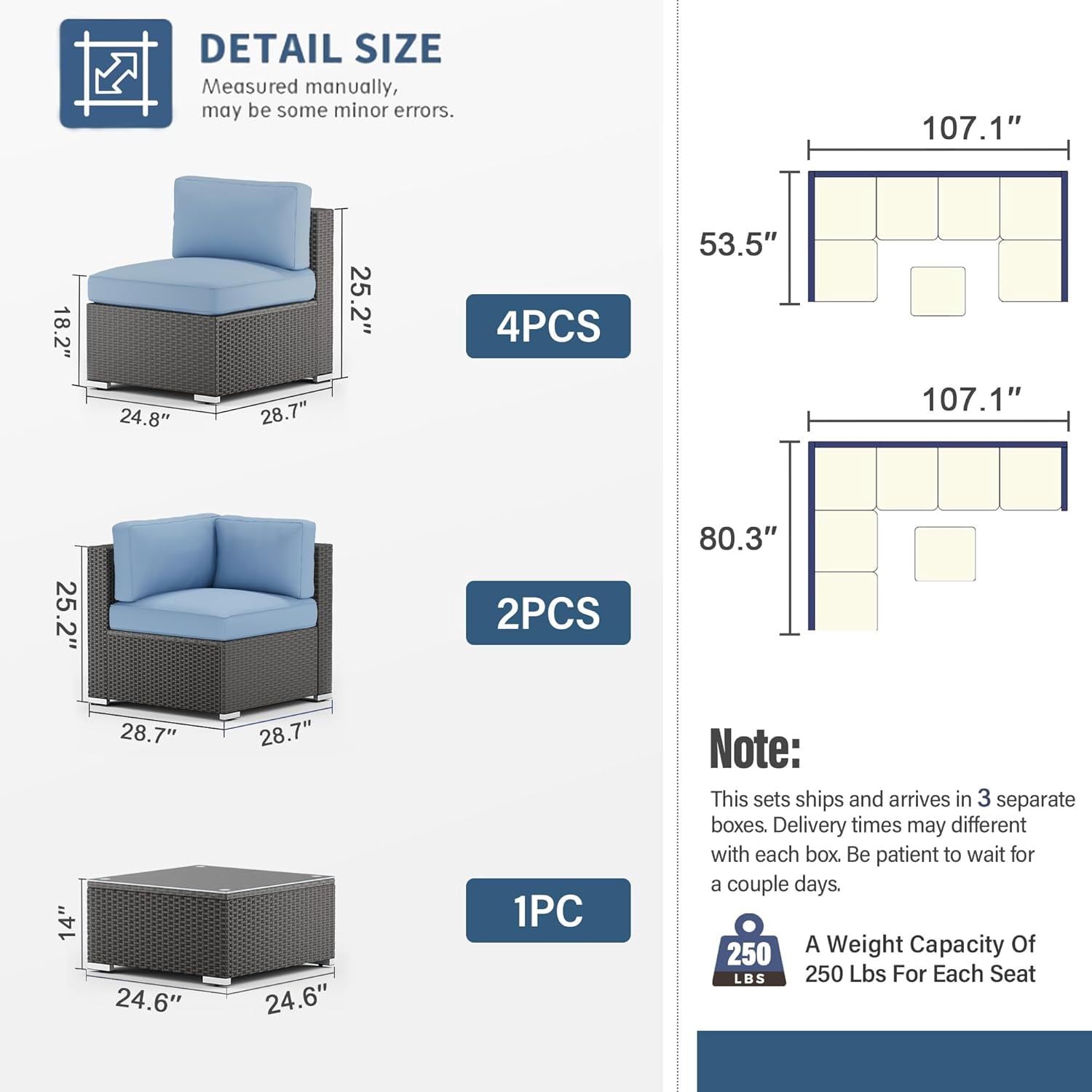SUNCROWN 7-Piece Outdoor Patio Furniture Sofa Set All-Weather Black Wicker Sectional Conversation Set with Modern Glass Coffee Table and Cushions-Light Blue
