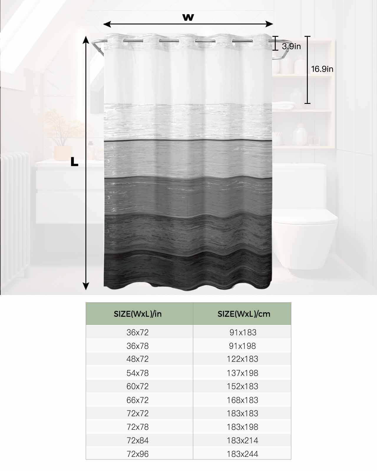 No Hook Shower Curtain with Snap in Liner, Dark Grey Striped Gradient Rustic Wood Board Hotel Shower Curtains for Bathroom, Washable Shower Curtain Liner Set with Mesh Top Window, 72"x96"