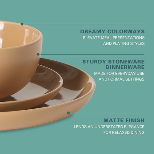 Rockaway 12-Piece Round Stoneware Dinnerware Set, Service for 4 – Beige Plates and Bowls, Modern Matte Finish, Microwave & Dishwasher Safe