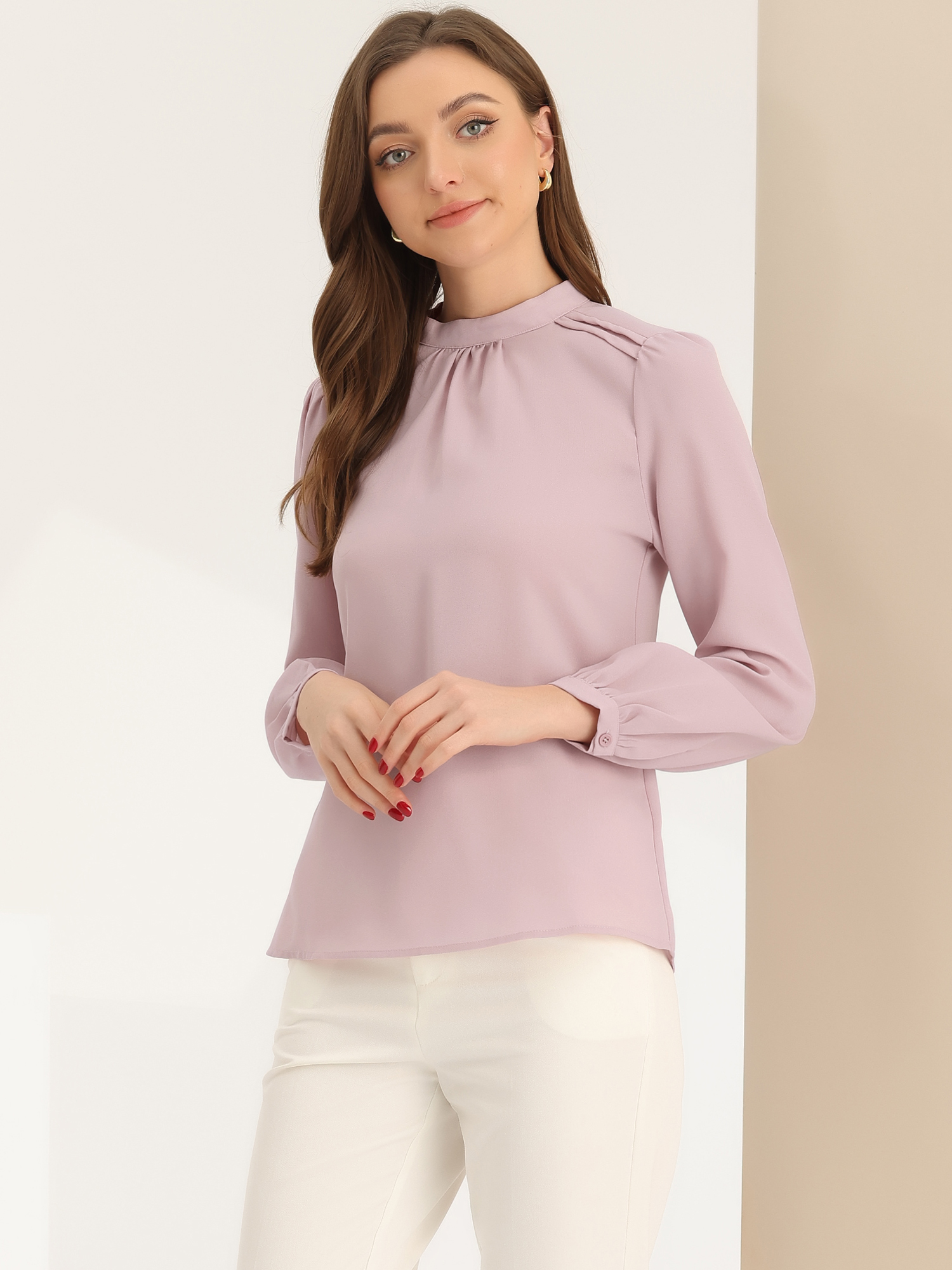 DARING DIVA Women's Work Office Mock Neck Long Sleeve Blouse M Pink