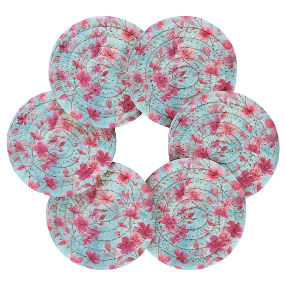 Round Placemats Set of 6 Heat Resistant Washable Kitchen Table Decorations 15.4in Cute Pink Delicate Flowers